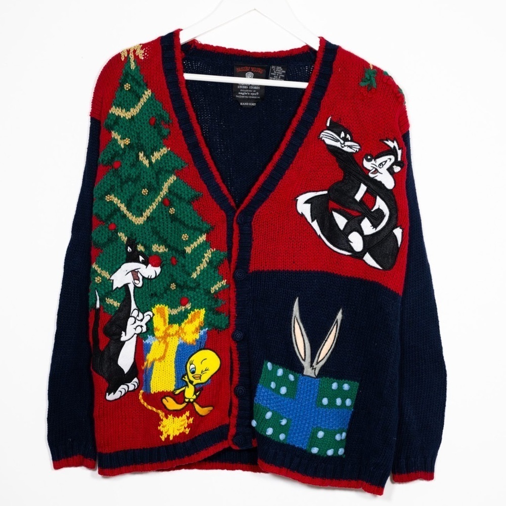 VINTAGE 1995 LOONEY TUNES/WARNER BROS.EAGLES EYE HAND KNIT XMAS SWEATER SIZE S